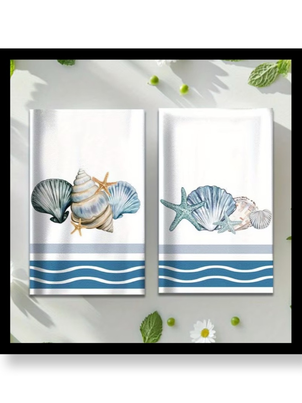 NWT-2 pk Seashell & Starfish Coastal Kitchen Towels - Blue / White